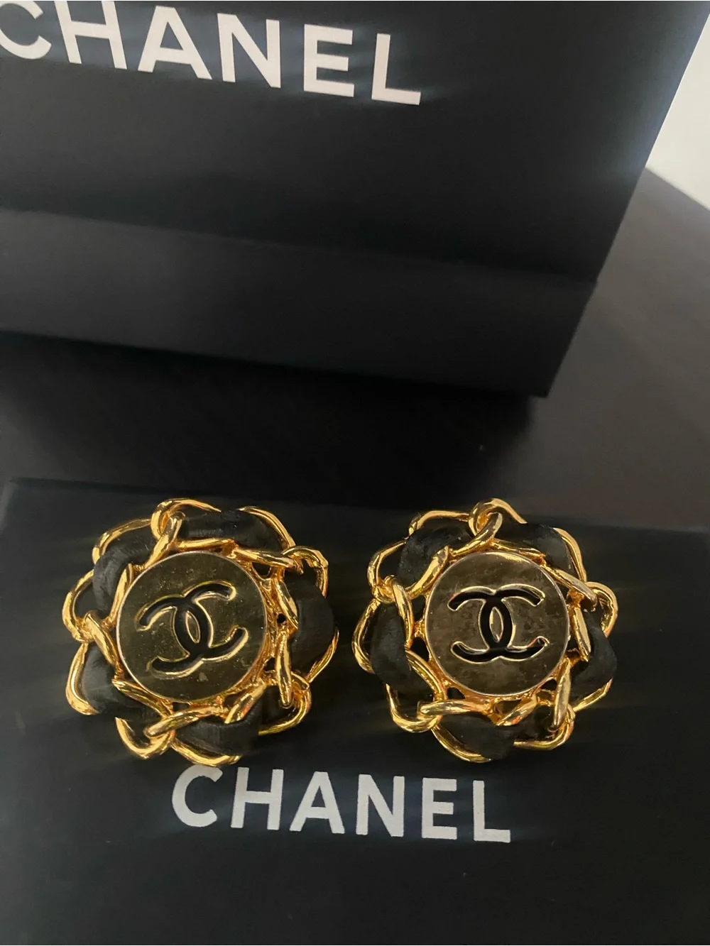 Authentic Chanel Black and Gold CC Logo Flower Earrings with box